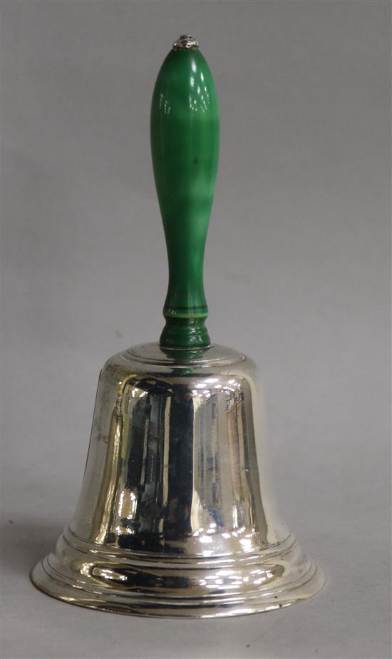 An Edwardian silver hand bell with stained ivory handle, James Parkes, London, 1906, 13.2cm.